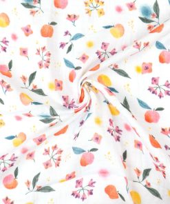 Baumwollstoff, Musselin, weiß, rosatöne, orange, grün, florale Motive, Früchte
