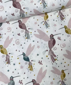 Bio Baumwollstoff Webware – Kolibri Vogel Kinderstoff in weiß