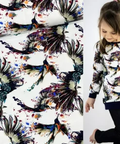 French Terry Sommersweat – Kolibri Vogel in weiß Premium Stoff Öko-Tex 100