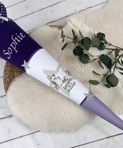 Schultüte mit Namen – Einhorn weiß, lila, flieder (70cm, 85cm) – personalisiert, optional mit Kissen