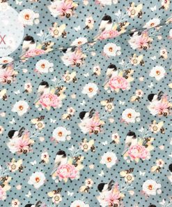 Feincord 21 Wales – Vögel, Blumen mint – Öko-Tex 100