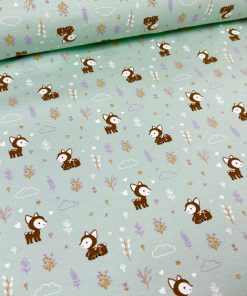 Baumwolljersey Jersey Stoff- Rehkitz auf Blumenwiese in mint – Öko Tex 100