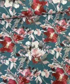 Jersey Stoff – große Blumen in rauchiges petrol – Öko Tex 100