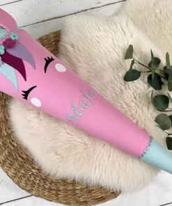 Schultüte aus Stoff mit Namen –  Einhorn Gesicht rosa, mint (70cm, 85cm) – Zuckertüte personalisiert, optional mit Kissen