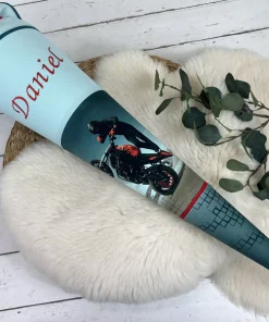 Schultüte mit Namen – Motorrad petrol, mint (wählbar 70cm, 85cm) – personalisiert, optional mit Kissen