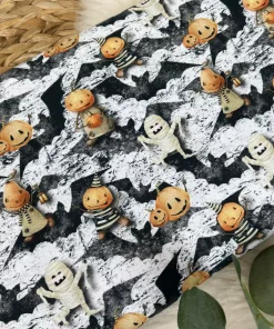 Halloween Stoff Baumwolle – Mumie und Vogelscheuche in weiß – Öko-Tex 100 Kinderstoff