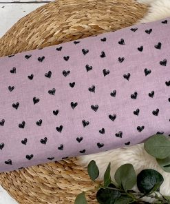 Musselin Stoff / Double Gauze glatt – schwarze Herzen in flieder – Öko-Tex-100