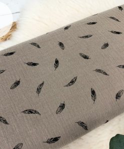 Reststück 40cm Musselin Stoff / Double Gauze – Federn in taupe Öko-Tex 100