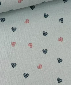Musselin Stoff / Double Gauze – bunte Herzen in mint – Öko-Tex-100